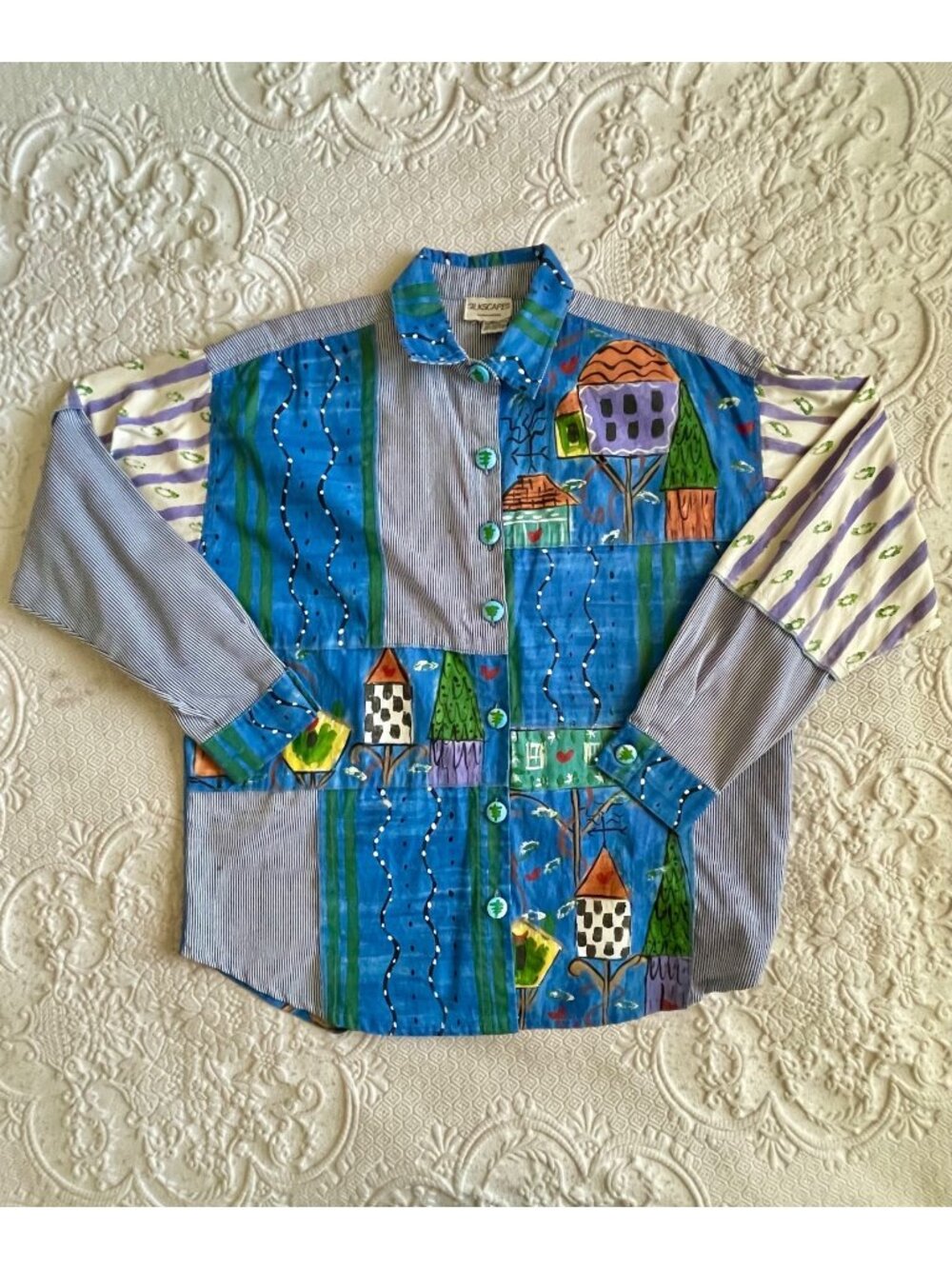 Vintage Silkscapes Hand-Painted Wearable Art Button-Up Shirt Women's M/L